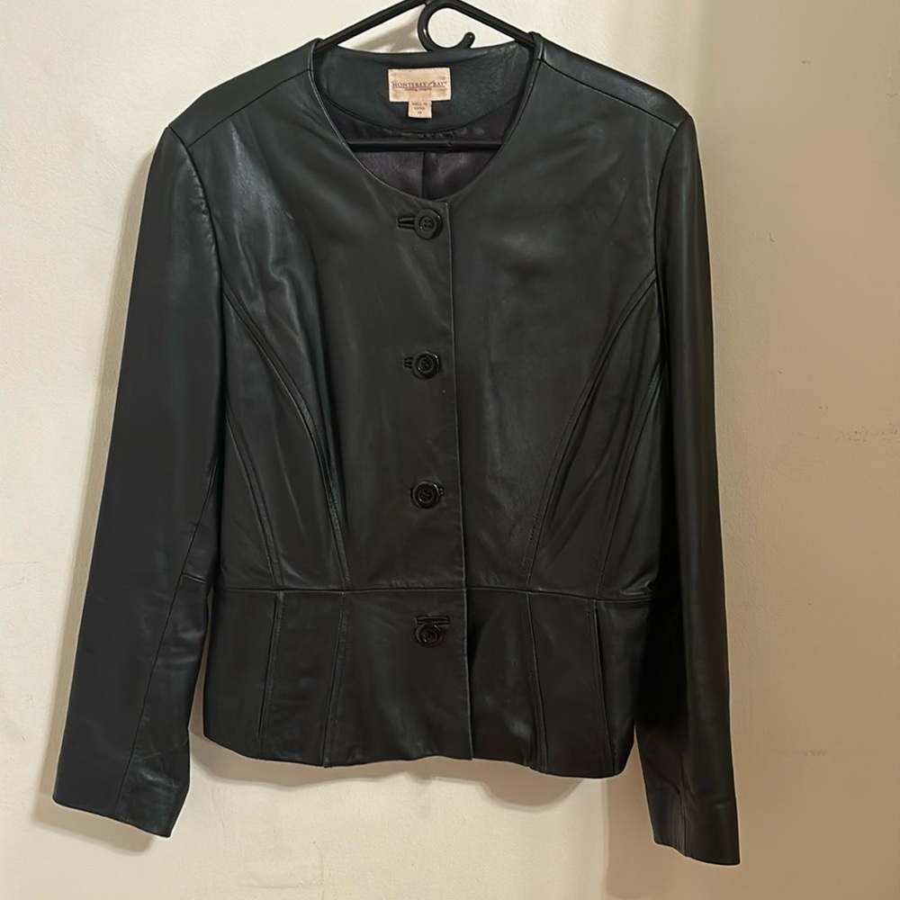 Monterey Bay Black Buttoned Leather Jacket in Size 14